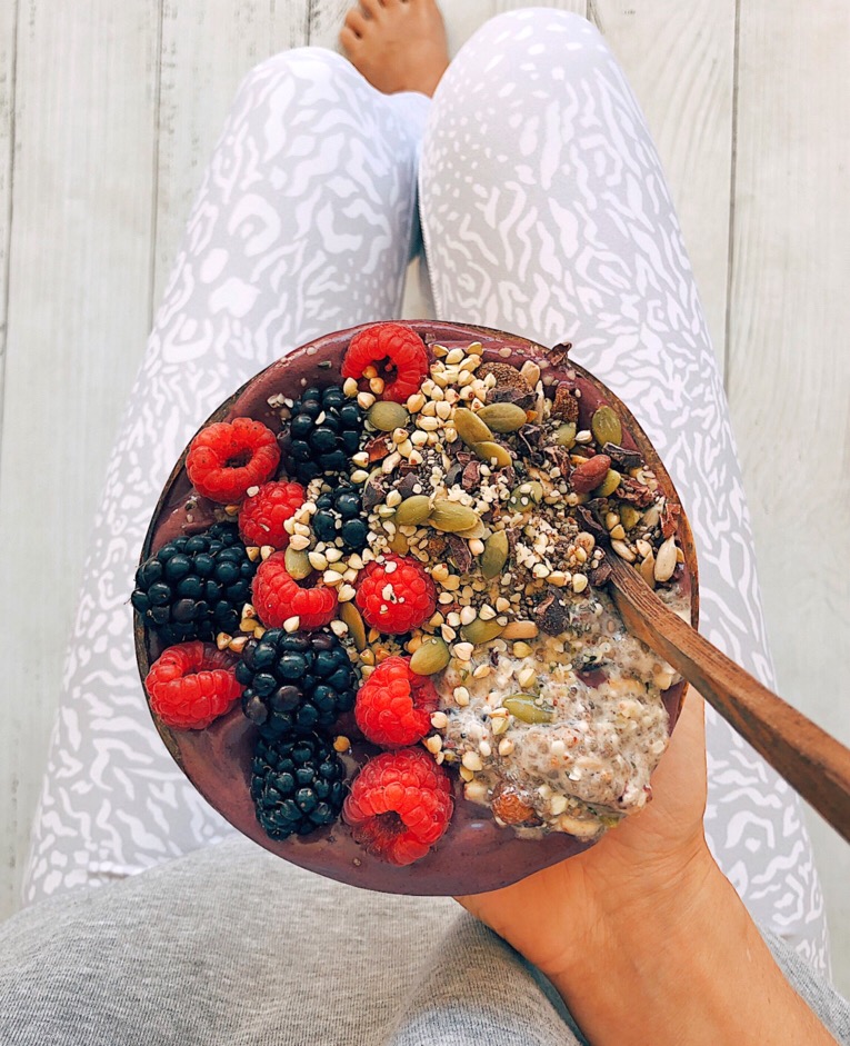 Breakfast: Acai bowl with raspberries, blackberries and soaked and dry burcha on top.